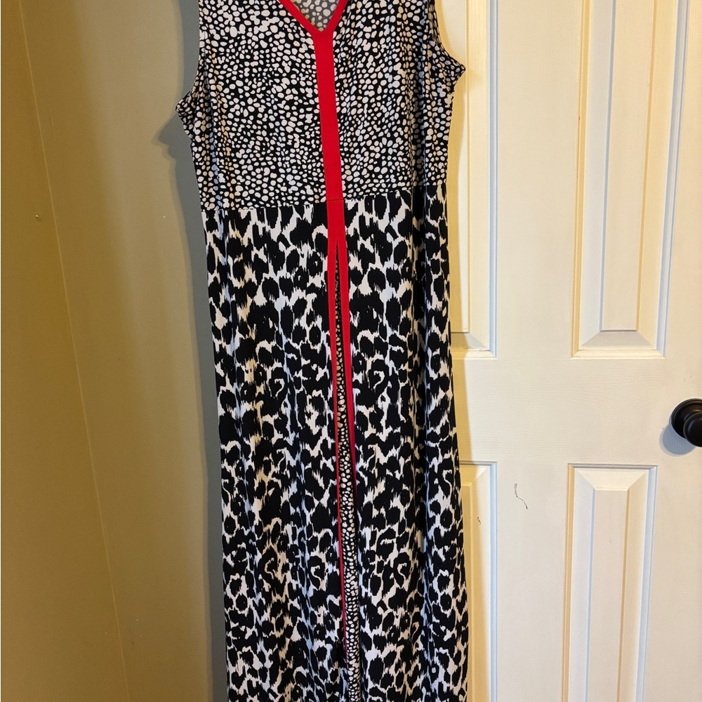Chico's Black and White Patterned Maxi Dress with Red Trim